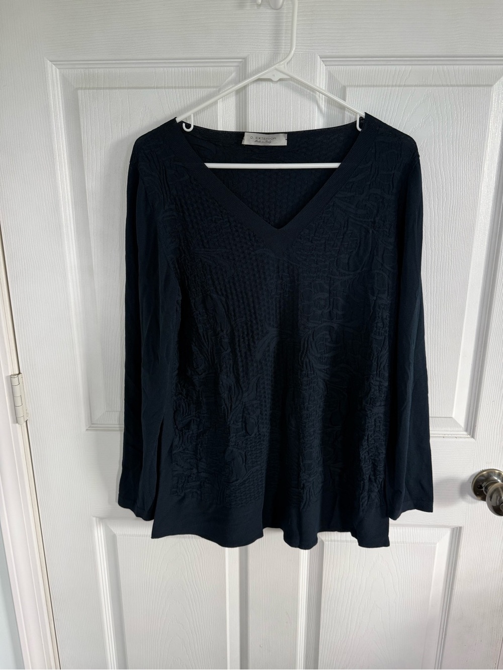 D. Exterior Made in Italy XL Navy Blue Textured Jacquard V Neck Knit Top Luxury